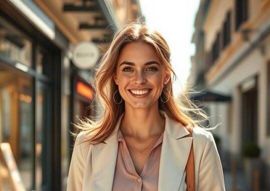 Une femme souriante, lumière naturelle, arrière-plan flou d’un café ou d’une librairie. Style féminin, gracieux, réaliste et accessible. Ambiance printemps ou automne