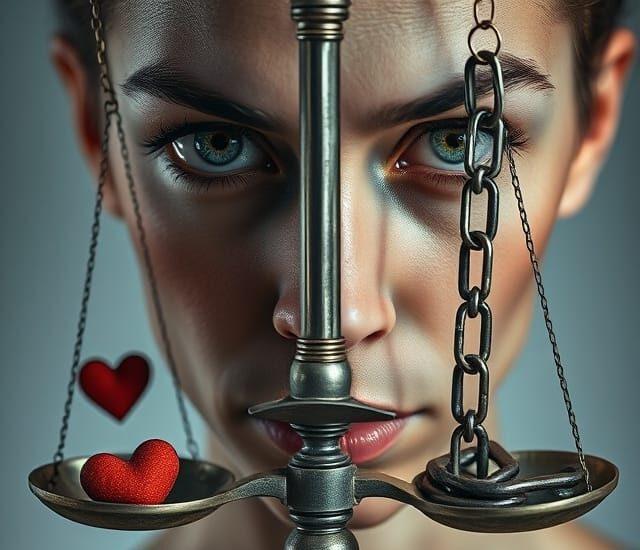Une balance avec des cœurs d'un côté et des chaînes de l'autre : Cette image pourrait symboliser le conflit entre le besoin d'amour et les comportements addictifs.