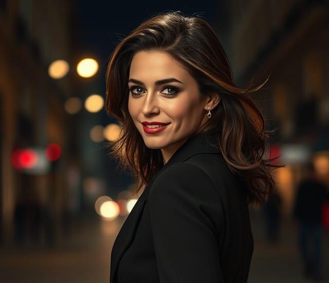 Une femme élégante, habillée avec style, marche seule dans un cadre nocturne légèrement flou, donnant une impression de mystère et de confiance. Elle sourit légèrement et jette un regard en arrière par-dessus son épaule. Son visage montre de l'assurance et de la sérénité, comme si elle connaît son propre pouvoir de séduction. Les lumières de la ville scintillent à l'arrière-plan, ajoutant un côté romantique et intriguant.