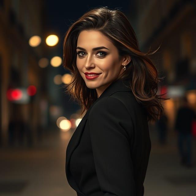 Une femme élégante, habillée avec style, marche seule dans un cadre nocturne légèrement flou, donnant une impression de mystère et de confiance. Elle sourit légèrement et jette un regard en arrière par-dessus son épaule. Son visage montre de l'assurance et de la sérénité, comme si elle connaît son propre pouvoir de séduction. Les lumières de la ville scintillent à l'arrière-plan, ajoutant un côté romantique et intriguant.