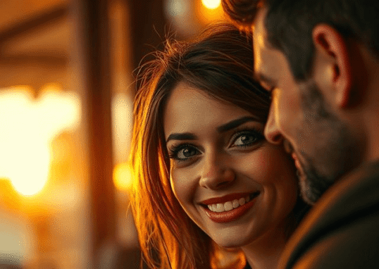 Une femme confiante, souriante, dans un décor romantique et doux — lumière tamisée, ambiance chaleureuse. Elle échange un regard complice avec un homme dans un café chic ou en promenade au coucher du soleil. L’atmosphère évoque l’élégance, la séduction naturelle et la connexion émotionnelle. Style esthétique, doux, inspirant.