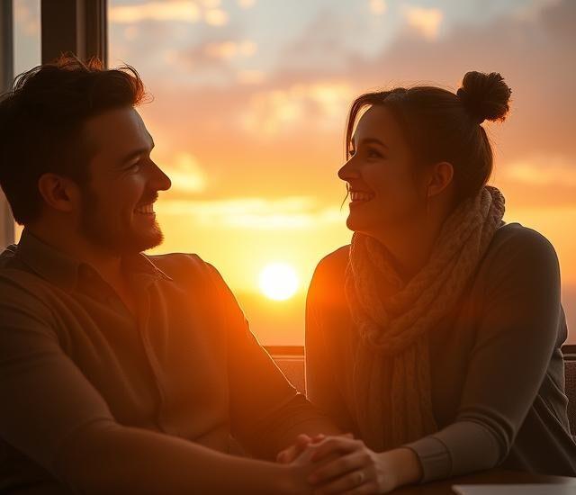 A couple sitting together, smiling warmly, holding hands under a sunset, with soft light and a cozy atmosphere. The scene reflects trust, emotional connection, and mutual respect. Include subtle elements like a journal or gratitude list on a nearby table