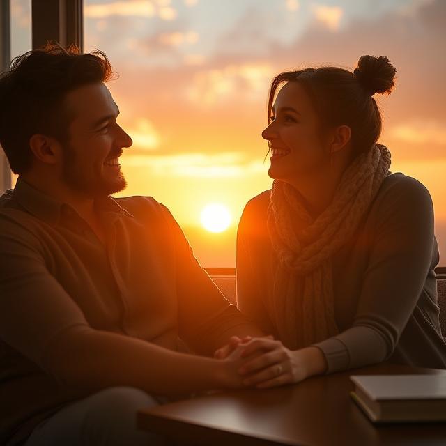 A couple sitting together, smiling warmly, holding hands under a sunset, with soft light and a cozy atmosphere. The scene reflects trust, emotional connection, and mutual respect. Include subtle elements like a journal or gratitude list on a nearby table