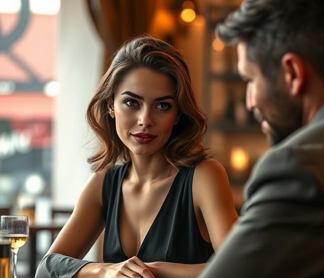 Une femme élégante et confiante assise à une table de café romantique, regardant un homme avec un sourire mystérieux.