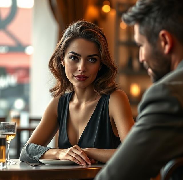 Une femme élégante et confiante assise à une table de café romantique, regardant un homme avec un sourire mystérieux.